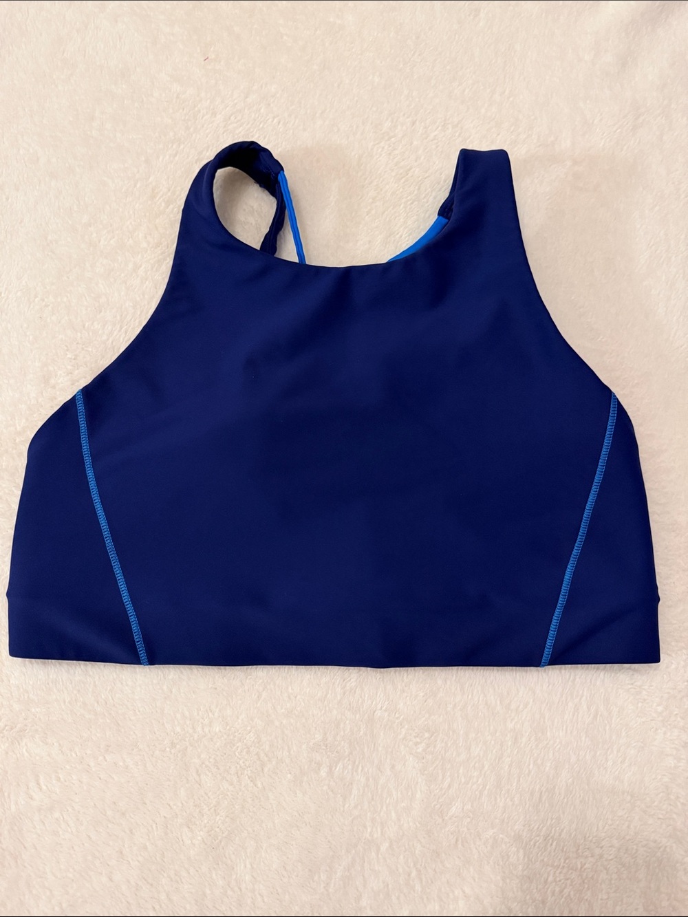 Athleta Navy Blue High Neck Sports Bra with Light Blue Accents